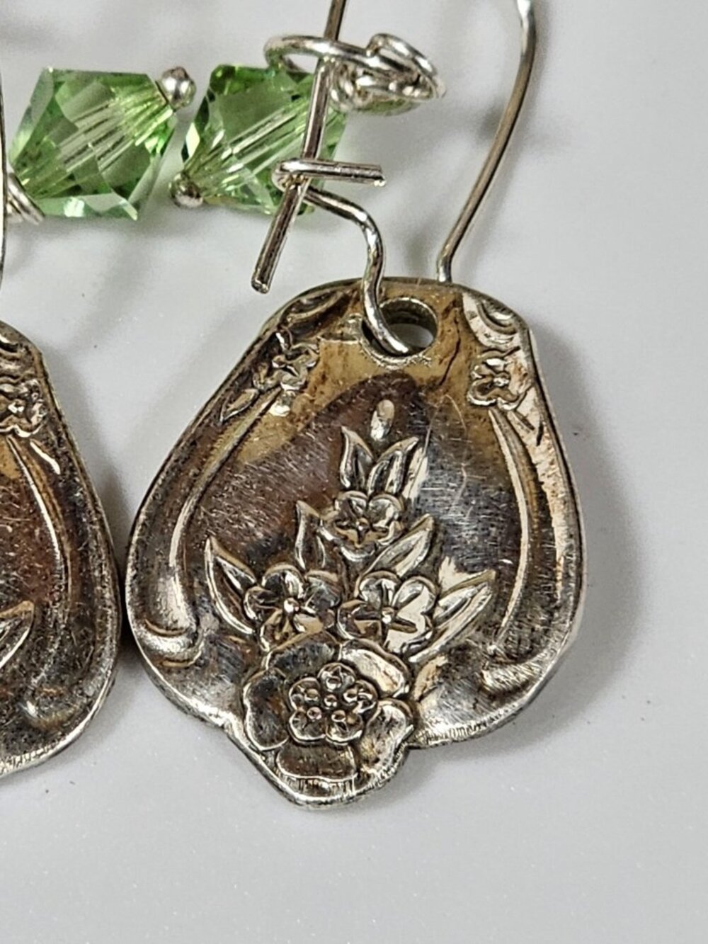 Silver Floral Spoon Handle Earrings with Green Crystal Beads Dangle Drop VTG - Picture 8 of 8